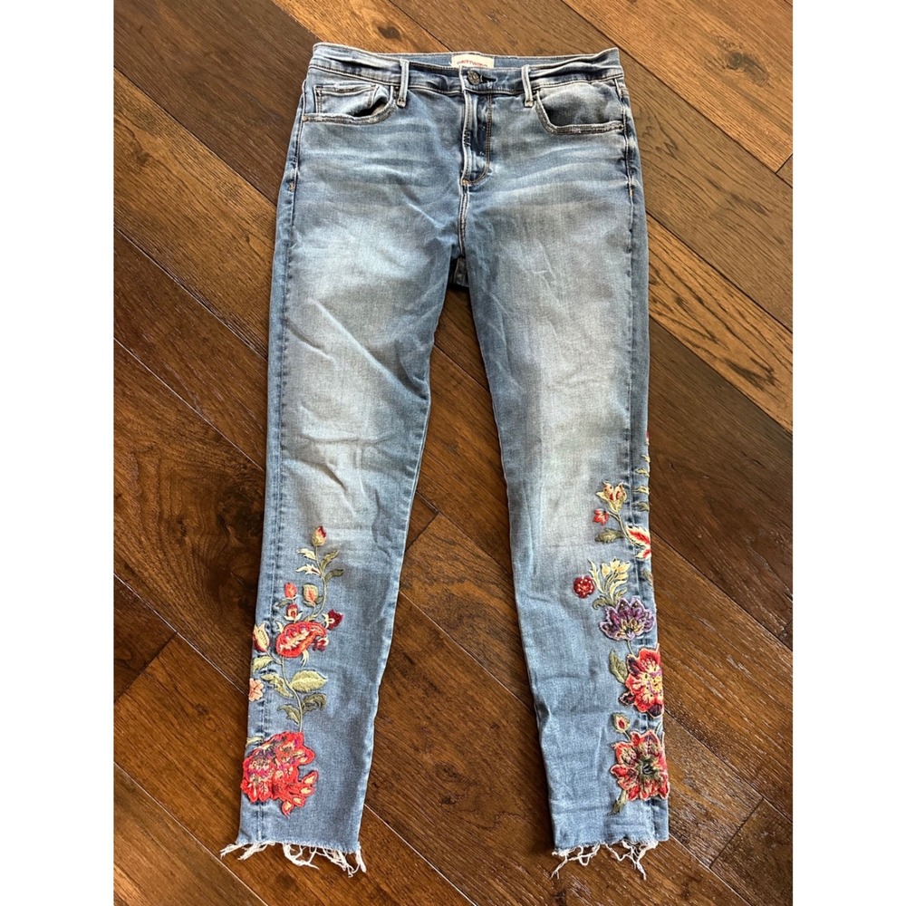 Driftwood Jackie Floral Embroidered Skinny Jeans Light Wash Raw Hem Womens 29x28